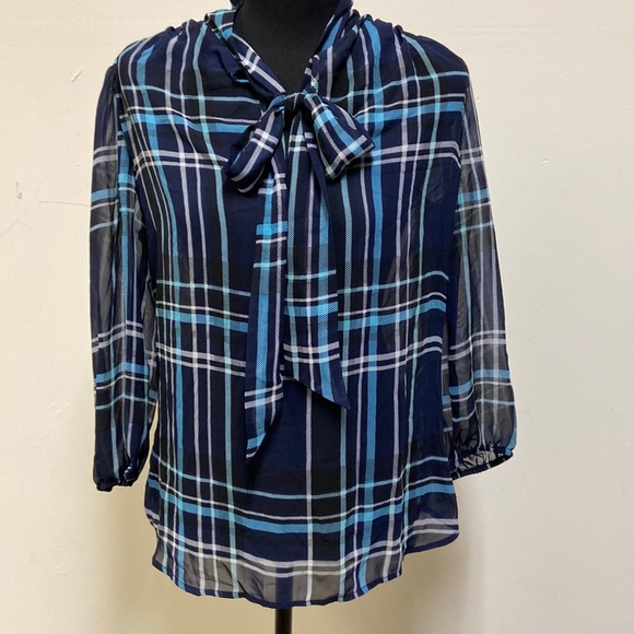 New York & Company Tops - New York & Company - Plaid V-Neck Blouse with Sheer Bow Accent (NWT)